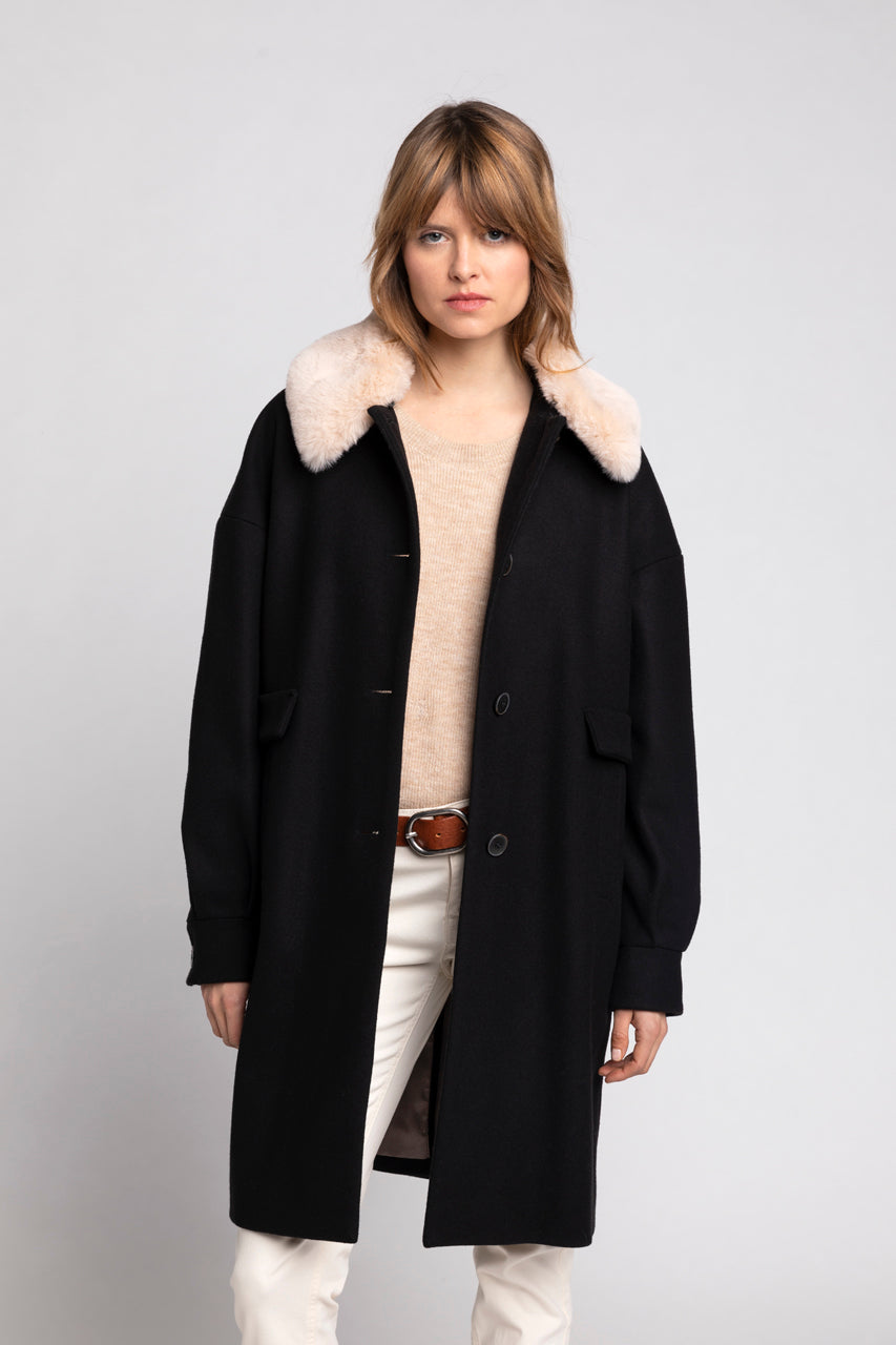 BUELLAS coat-Female straight coat in black wool cloth