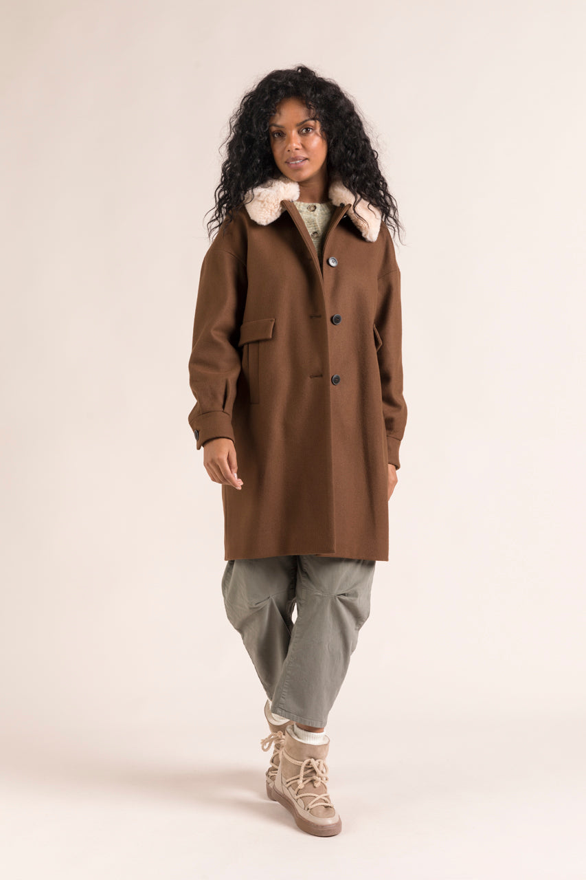 BUELLAS coat-Female straight coat in brown wool cloth