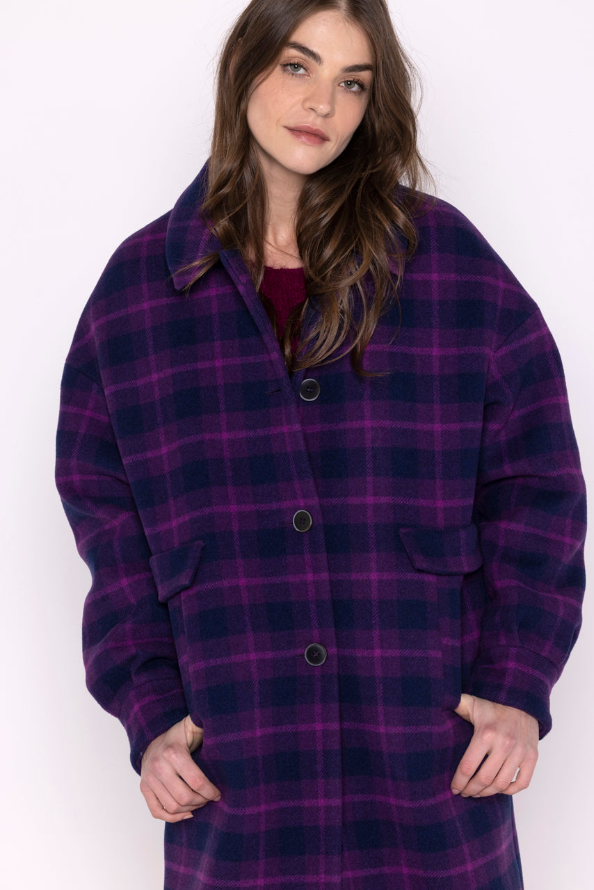 Coat BUELLAS-Female straight purple checked coat