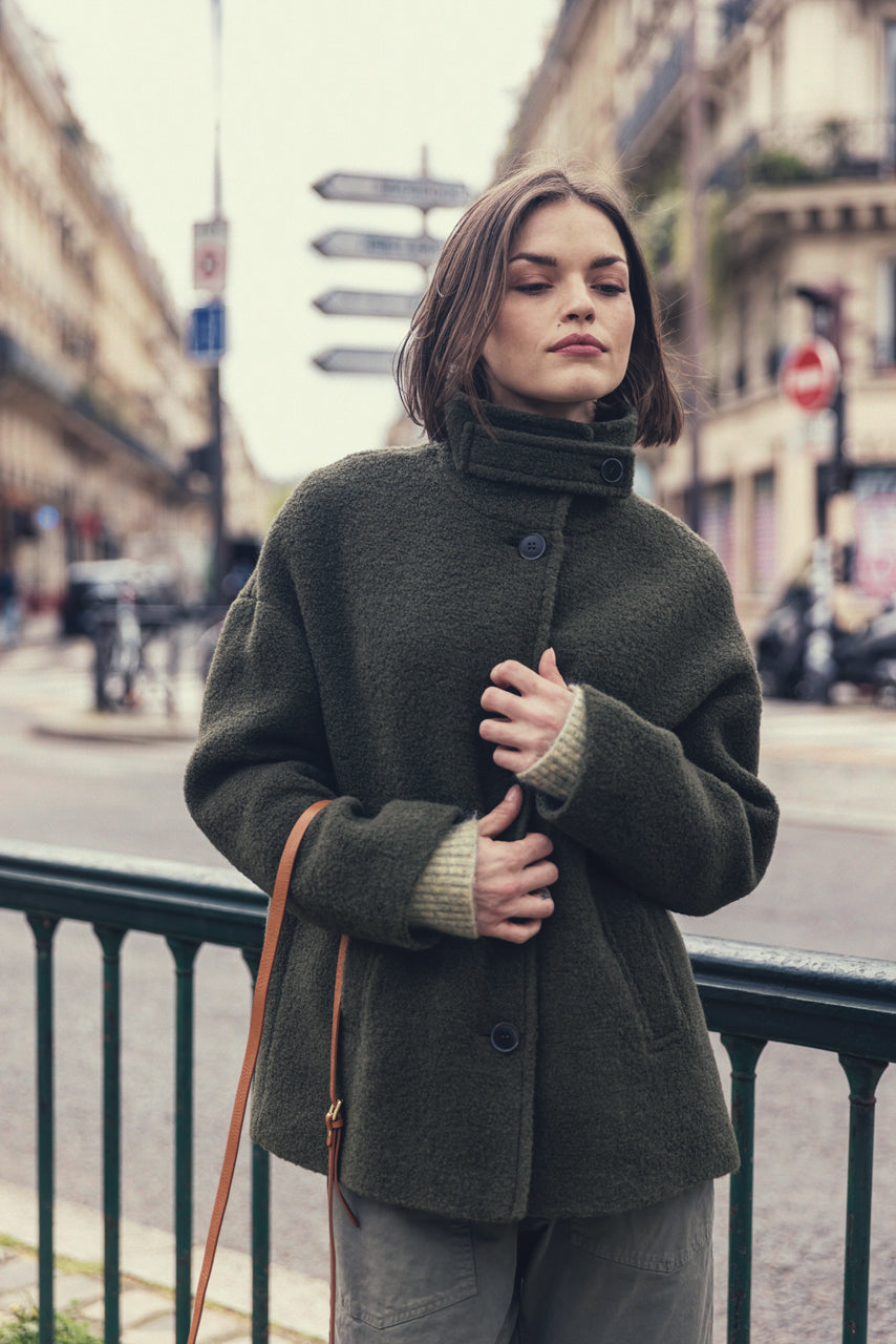 SOMAIN coat-Oversized short coat in khaki virgin wool terry