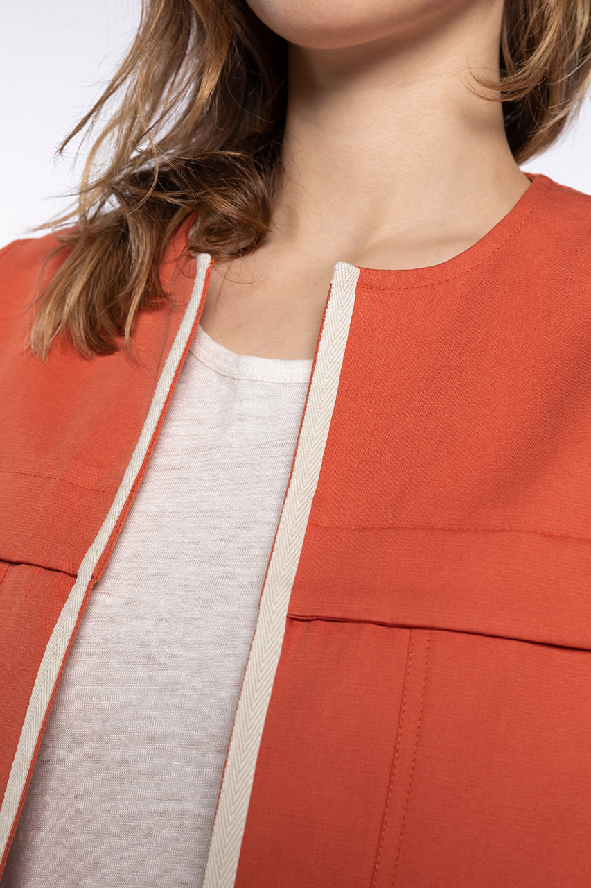 LAUREDE-Paprika cotton and linen collarless jacket