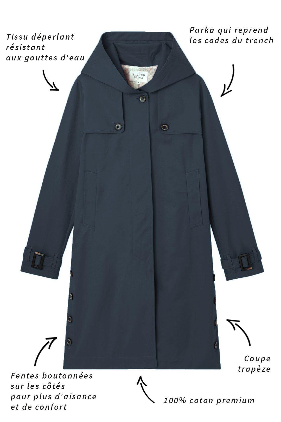 BASSANE trench coat-Navy blue redding-style hooded trench coat