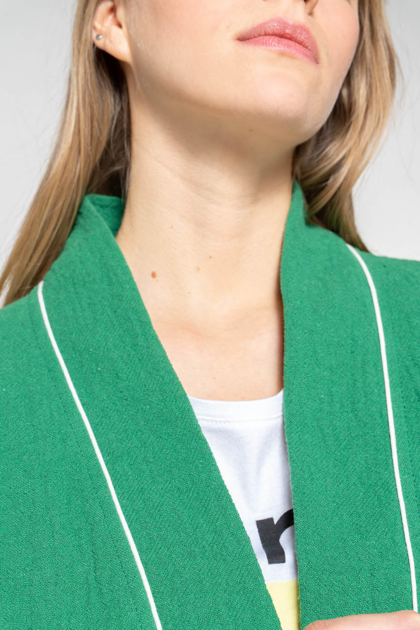 VIVONNE jacket-Belted kimono jacket in green cotton