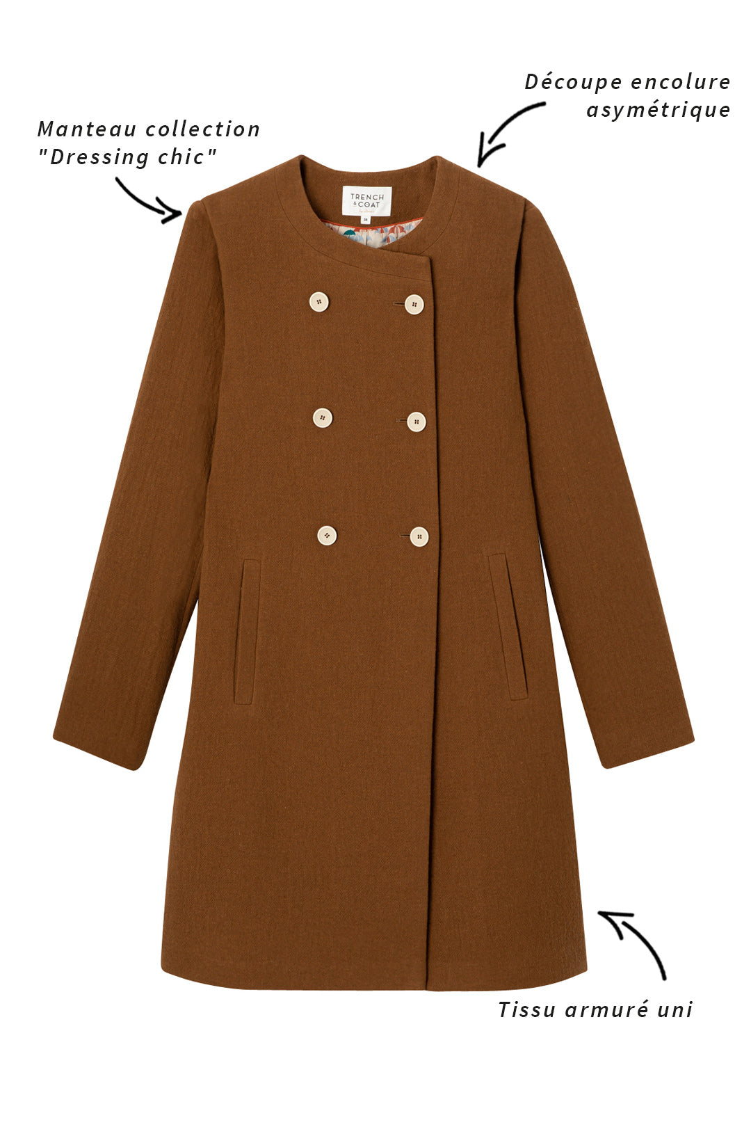 FELCE coat-Plain collarless coat in iced brown cotton