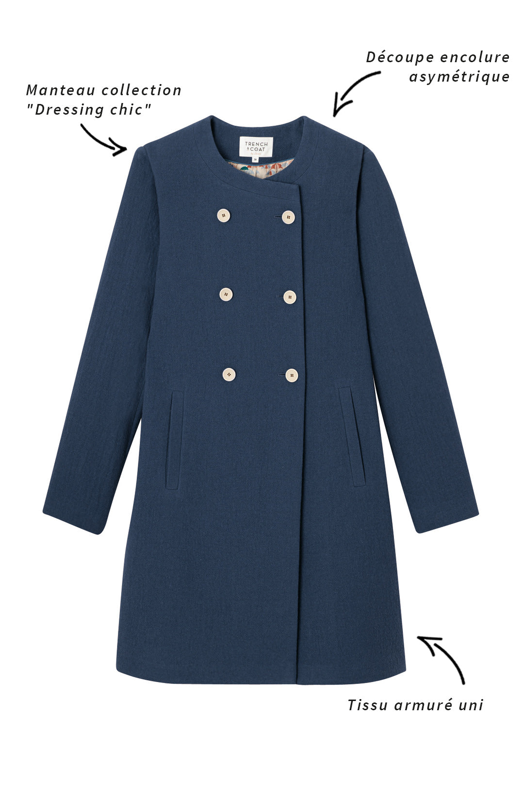 FELCE coat-Plain collarless coat in navy blue cotton