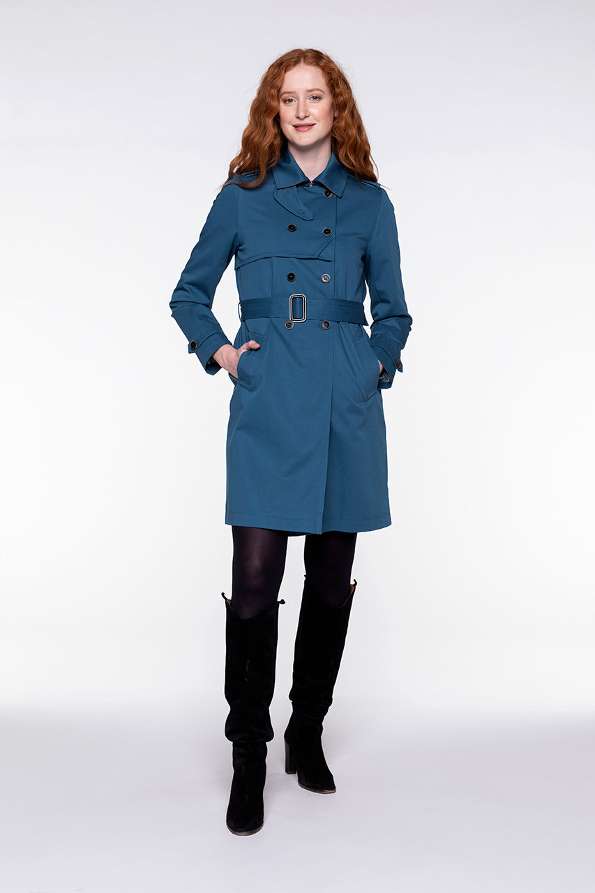 CHAMAS Trench-Authentic trench in pure petrol blue cotton