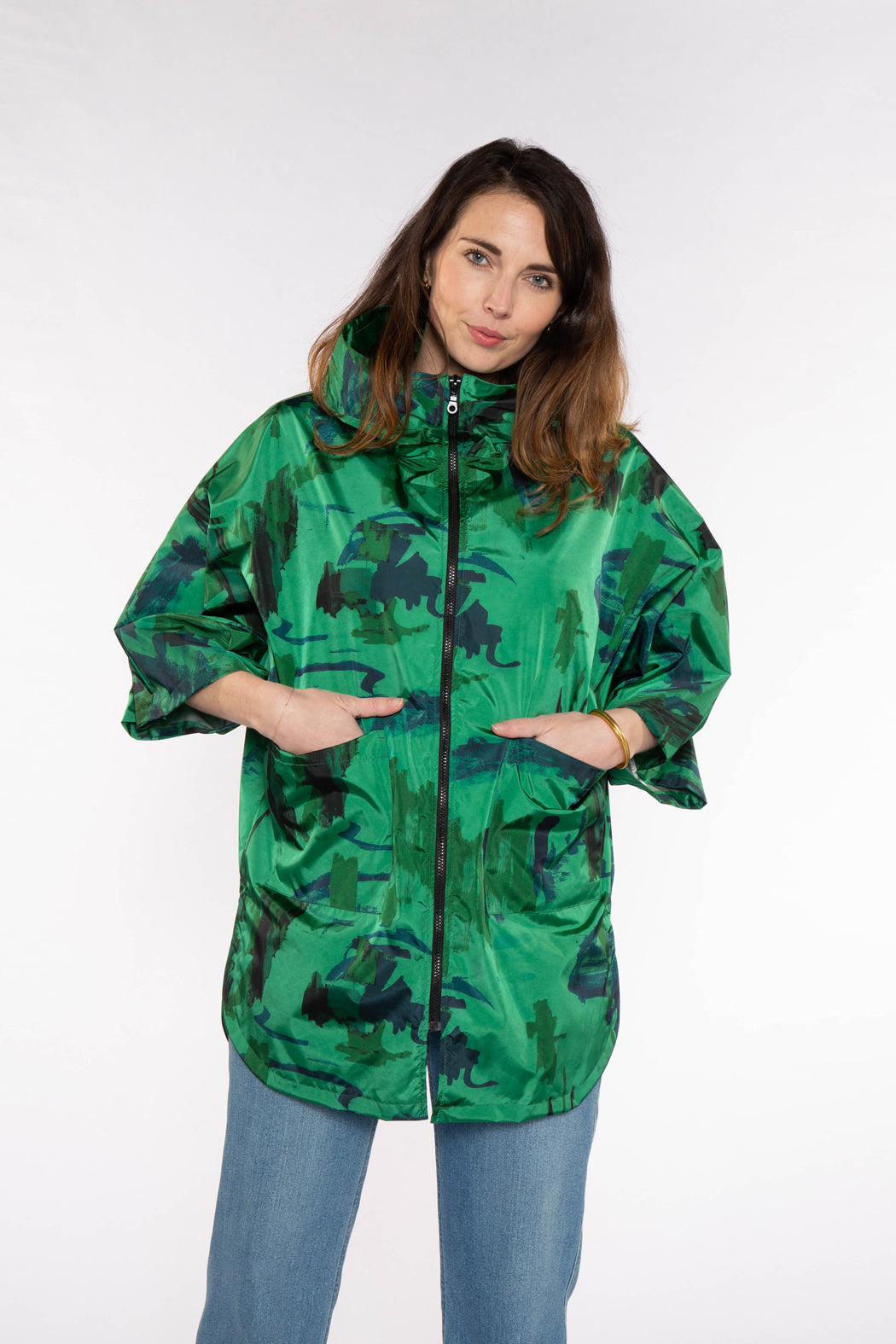 Cape LAVOILE-Poncho style cape with fixed hood green print
