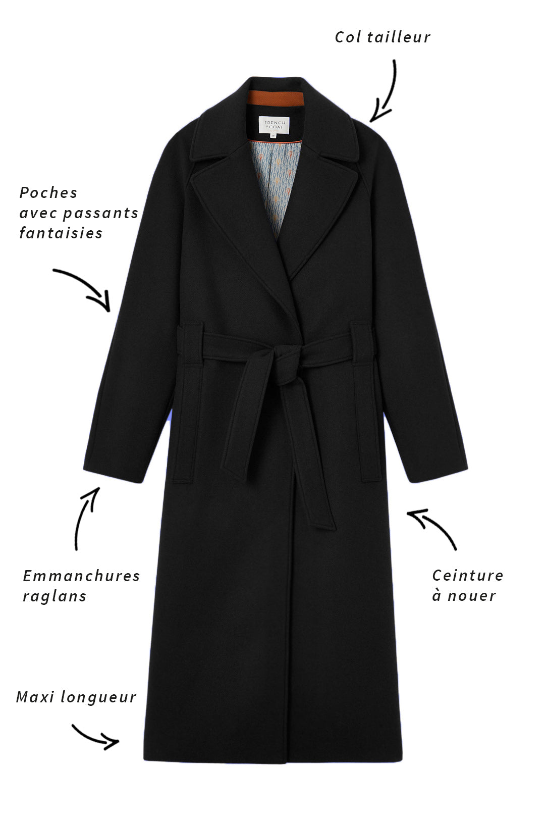 SAUMANE-Long belted coat in black wool cloth