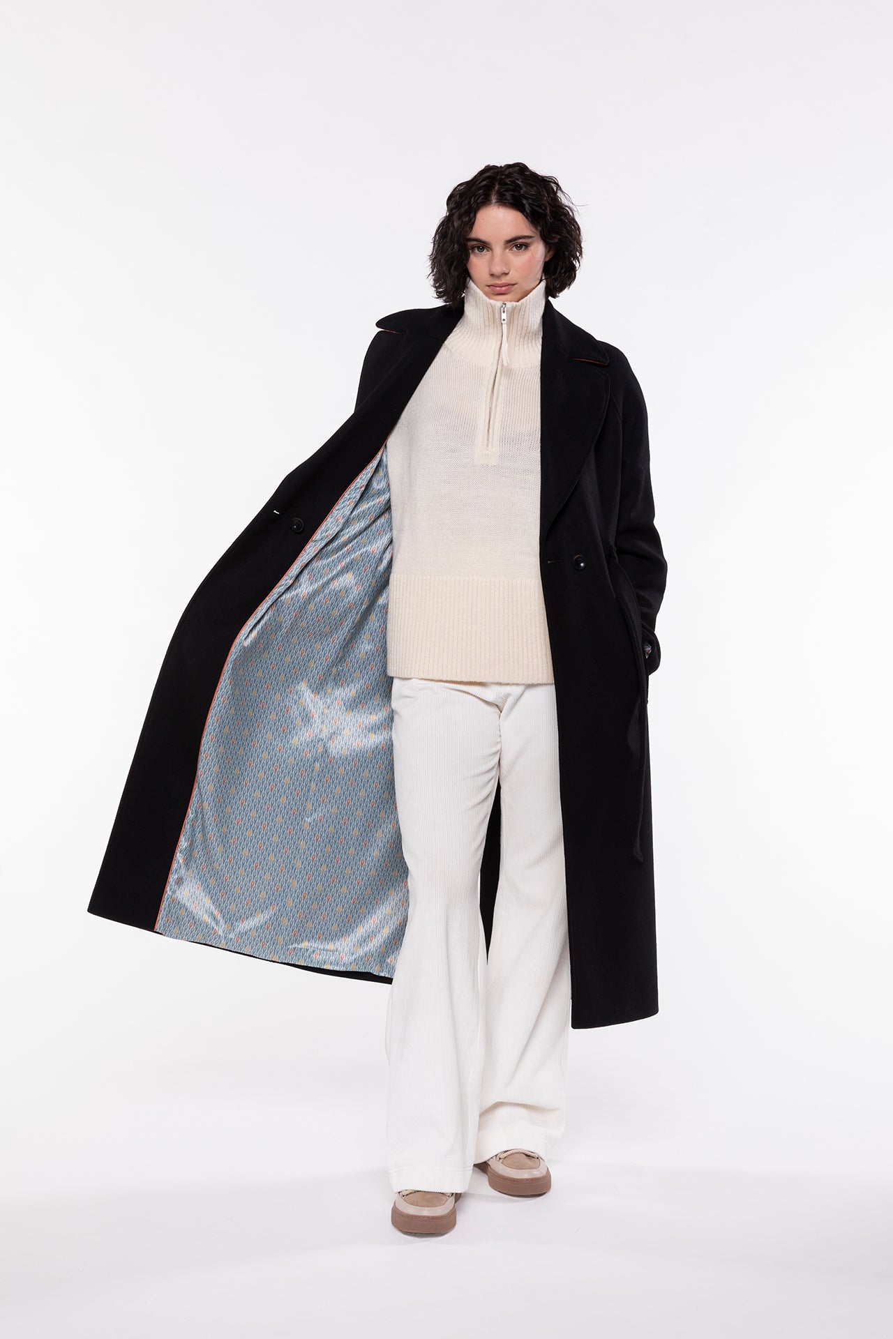 SAUMANE-Long belted coat in black wool cloth