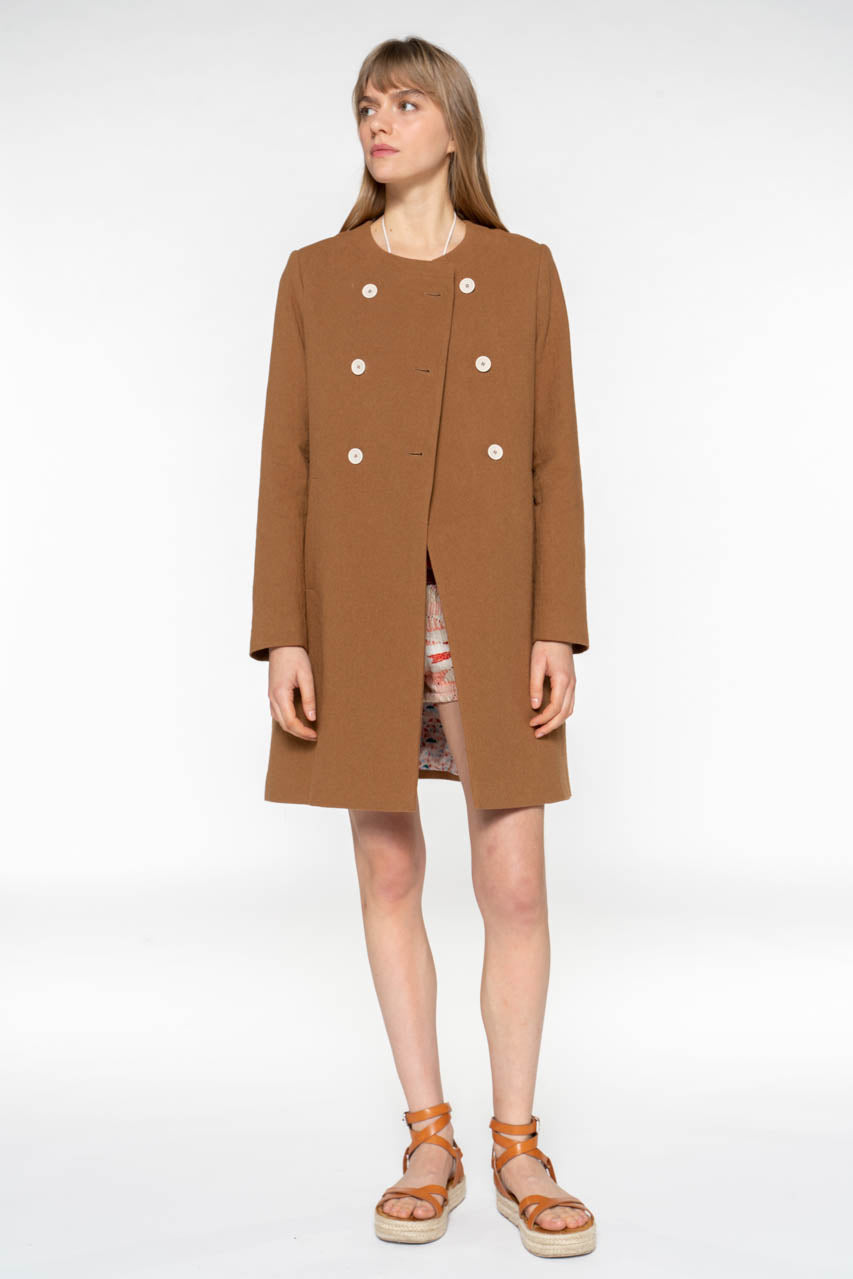 FELCE coat-Plain collarless coat in iced brown cotton
