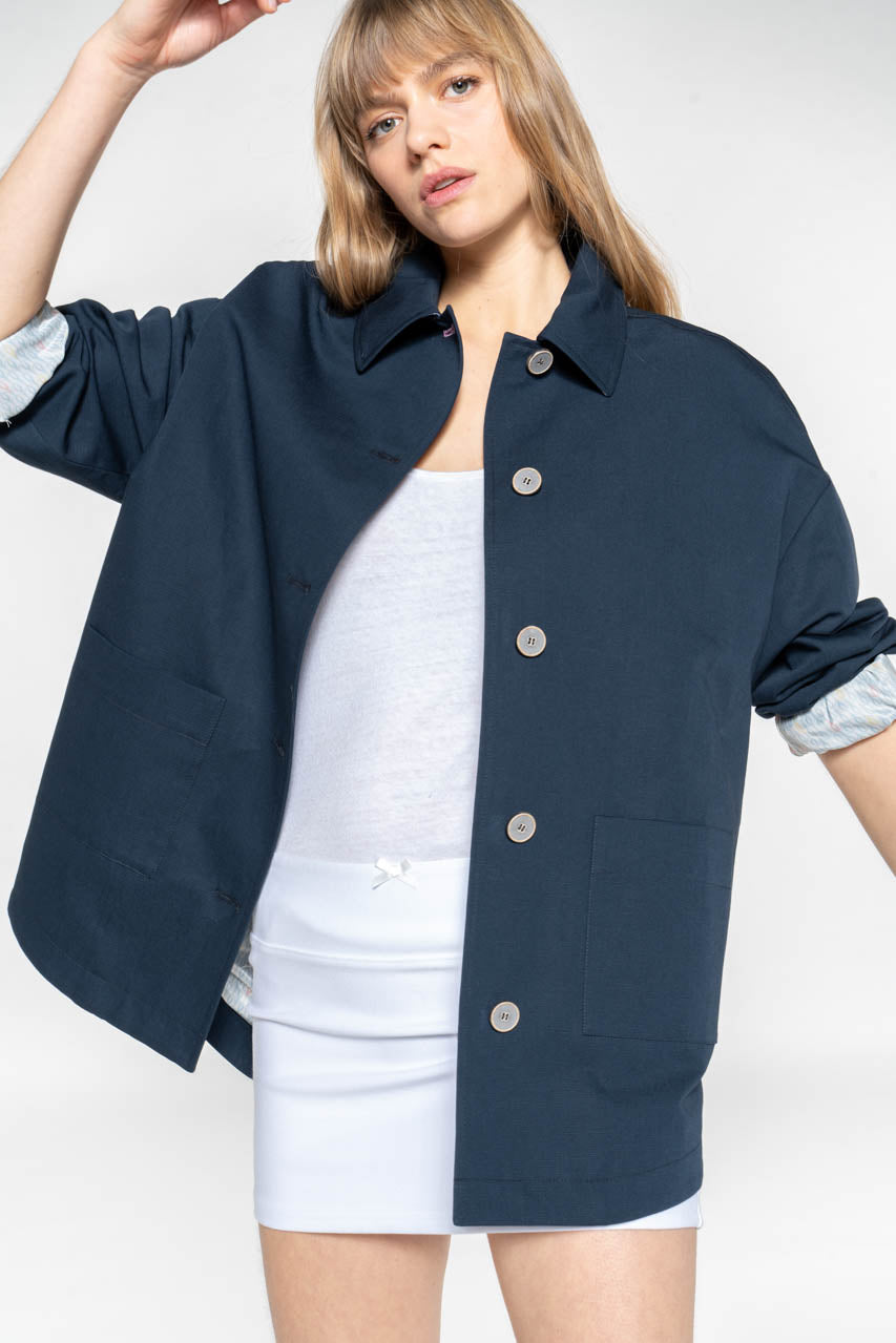 SURVILLE Overshirt-Generous overshirt in navy blue cotton and linen
