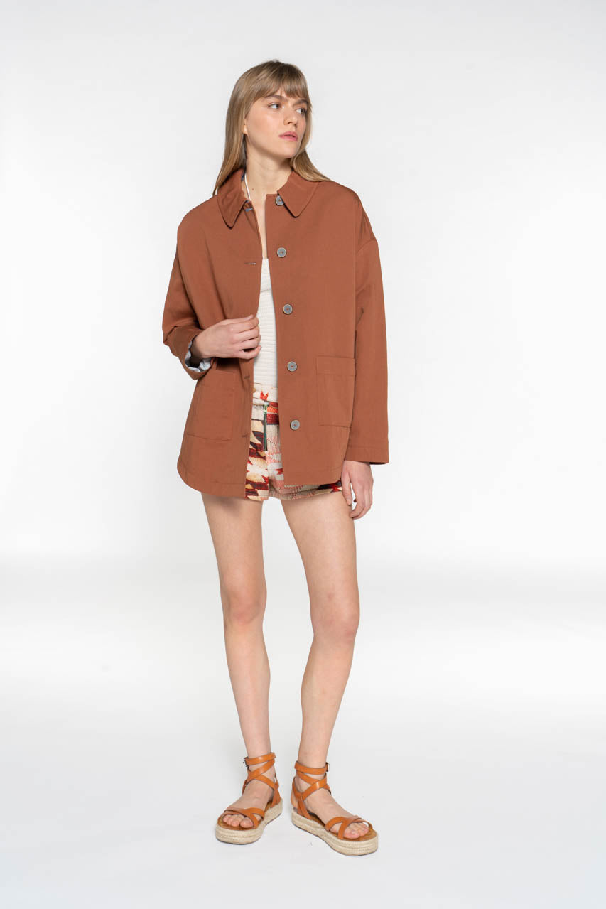 SURVILLE overshirt-Generous overshirt in glossy brown cotton and linen